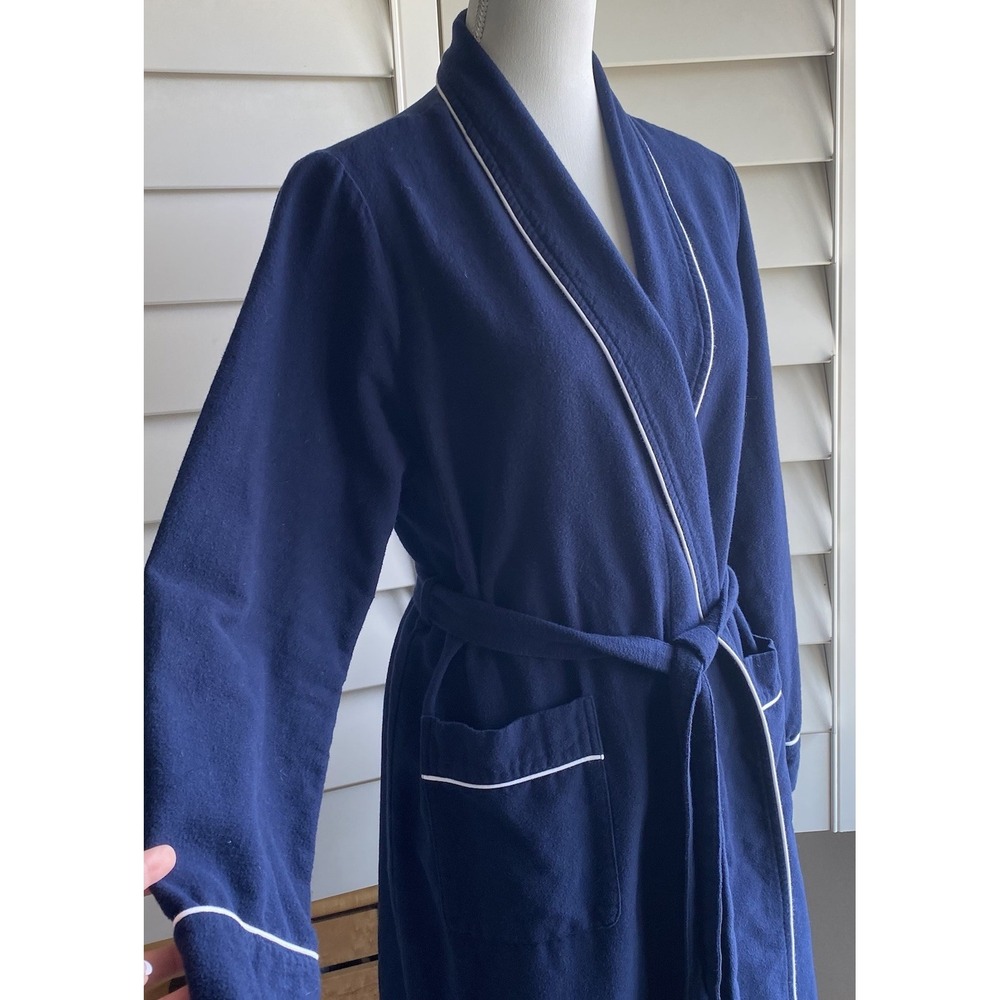 Petite Plume Robe Women M Navy Blue Flannel 100% Cotton Belted Short Pockets - Picture 4 of 13